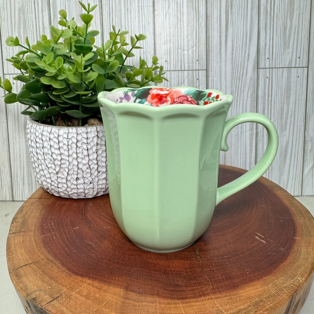 Pioneer Woman Painted Meadow Mug 15oz Mint Green Scalloped Floral Stoneware